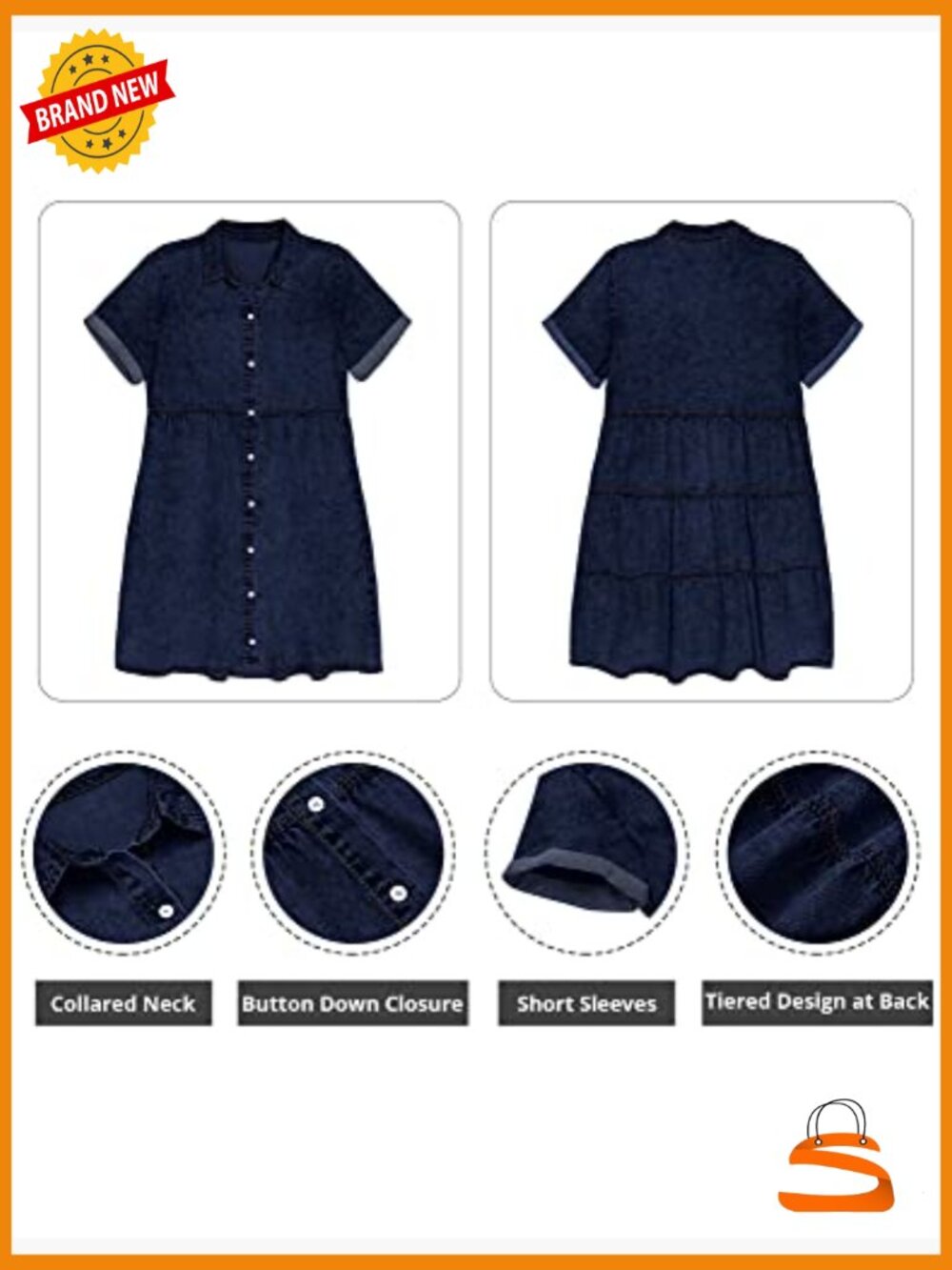 Babydoll Denim Dress Tiered Short Sleeve Button Down Casual Swing Dress - Picture 6 of 7